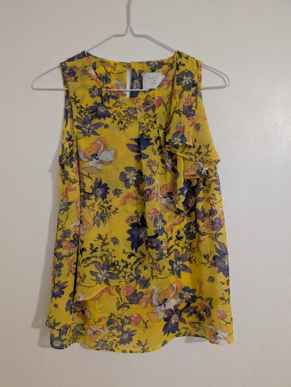 Anthropologie HD in Paris Yellow Floral Tiered Ruffle Chiffon Blouse Top Size 0